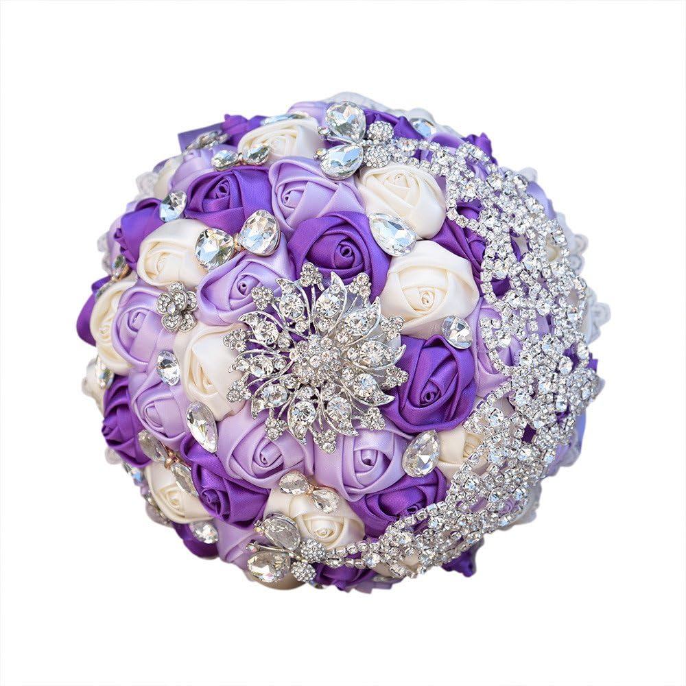 Amulti Wedding bouquet for the bride,Bridesmaid Bridal bouquet For Wedding,wedding decorations,Bouquet Flowers Roses Crystal Pearl Wedding Bouquet, Bridal Artificial Silk Flowers 18cm/7 inch (Purple+Ivory)