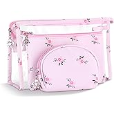 Richeart Makeup Bag, Clear Bag with Zipper, 3PC Floral Flowers Makeup Pouch, Waterproof Small Pouch, Portable Travel Toiletry Bag, A