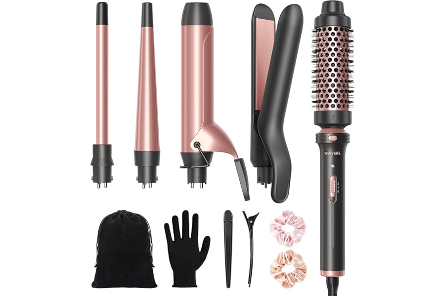 Wavytalk 5 in 1 Curling Iron Set with Thermal Brush and 4 Interchangeable Ceramic Curling Wands (0.5′-1.25′), Instant Heat Up Hair Curling Iron, Rose Gold