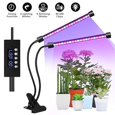 Pflanzenlampe, SGODDE Doppelkopf Pflanzenlicht,20W 40LED Wachstumslampe,3Modi 5Helligkeit 2Set Zeitschaltuhr 360Grad Verstell