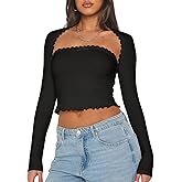 NODHUT Women's 2 Piece Lace Long Sleeve Tops Cute Ribbed Knit Bow Knot Lace Tube Top Sexy Slim Fit T Shirts