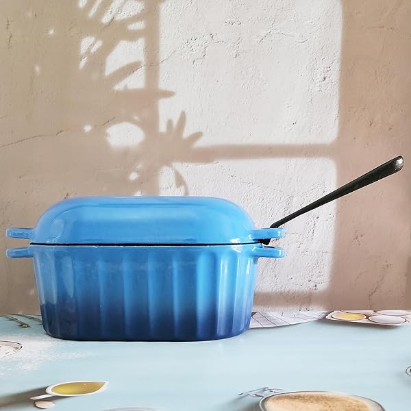 FANQIEW DUTCH OVEN ENAMELED CAST IRON BREAD PAN WITH LID SOURDOUGH LOAF PANS FOR BAKING BREAD LARGE HEAVY OVAL BREAD DUTCH OVEN WITH MOVABLE HANDLE 4 QT BLUE DISHWASHER SAFE