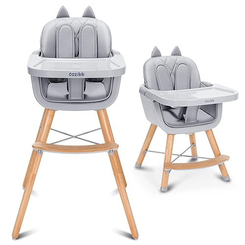 CoziBB 4 in 1 Highchair with Cat Ear, Removable 3-Position Tray, 5-Point Safety Belt Convertible Multifunctional High Chair with Removable Legs, Wooden Feeding Chair for Baby Infant Toddler (6 M-2 Y)