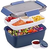 Caperci Large Salad Container Bowl for Lunch | Better Adult Bento Lunch Box 68 oz, 5-Compartment Tray, 2pcs 3-oz Sauce Cups, Stackable, BPA-Free