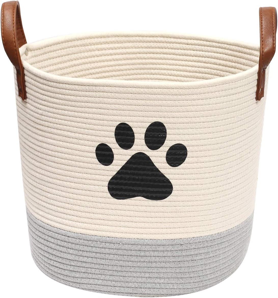 Cotton Rope Dog Toy Basket, Puppy Bin - Perfect for Organizing Pet Toys Blankets, Leashes - Beige Gray, 34x33 cm (Pack of 1)