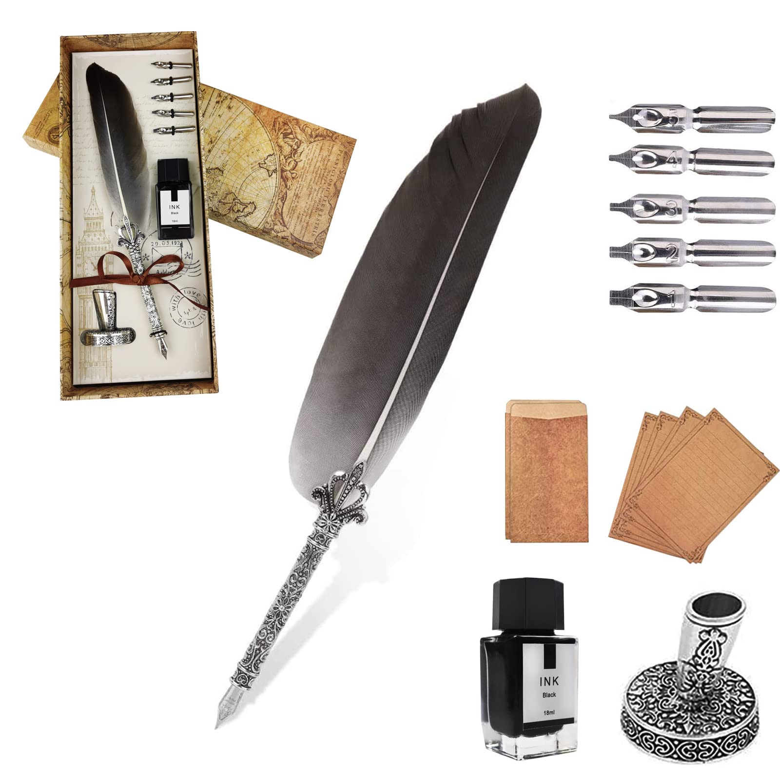 AOMAYLL Feather Pen, Antique Dip Quill Pen,Feather Pen Ink Set,With 5 Replacement Nibs, Ink, Pen Holder, 4Writing Papers and 2Envelopes