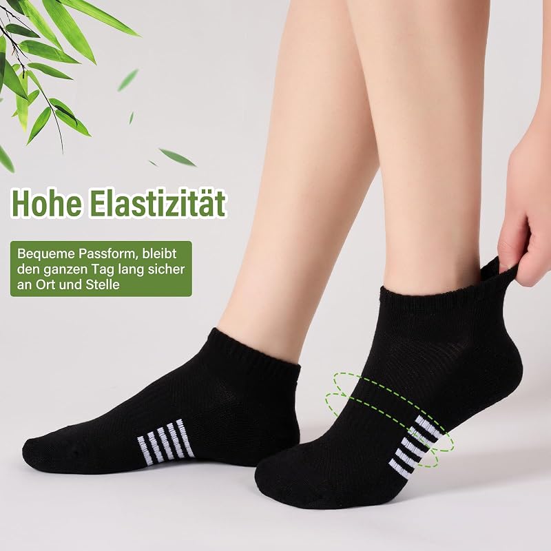 Bambus Sneaker Socken Damen 6/12 Paar, Atmungsaktive Gepolsterte Sportsocken Laufsocken, Anti Schweiß Kurze Socken Damen 39-42 35-38 Bunt, Geschenke für Frauen Sommer, 6 Schwarz 39-42