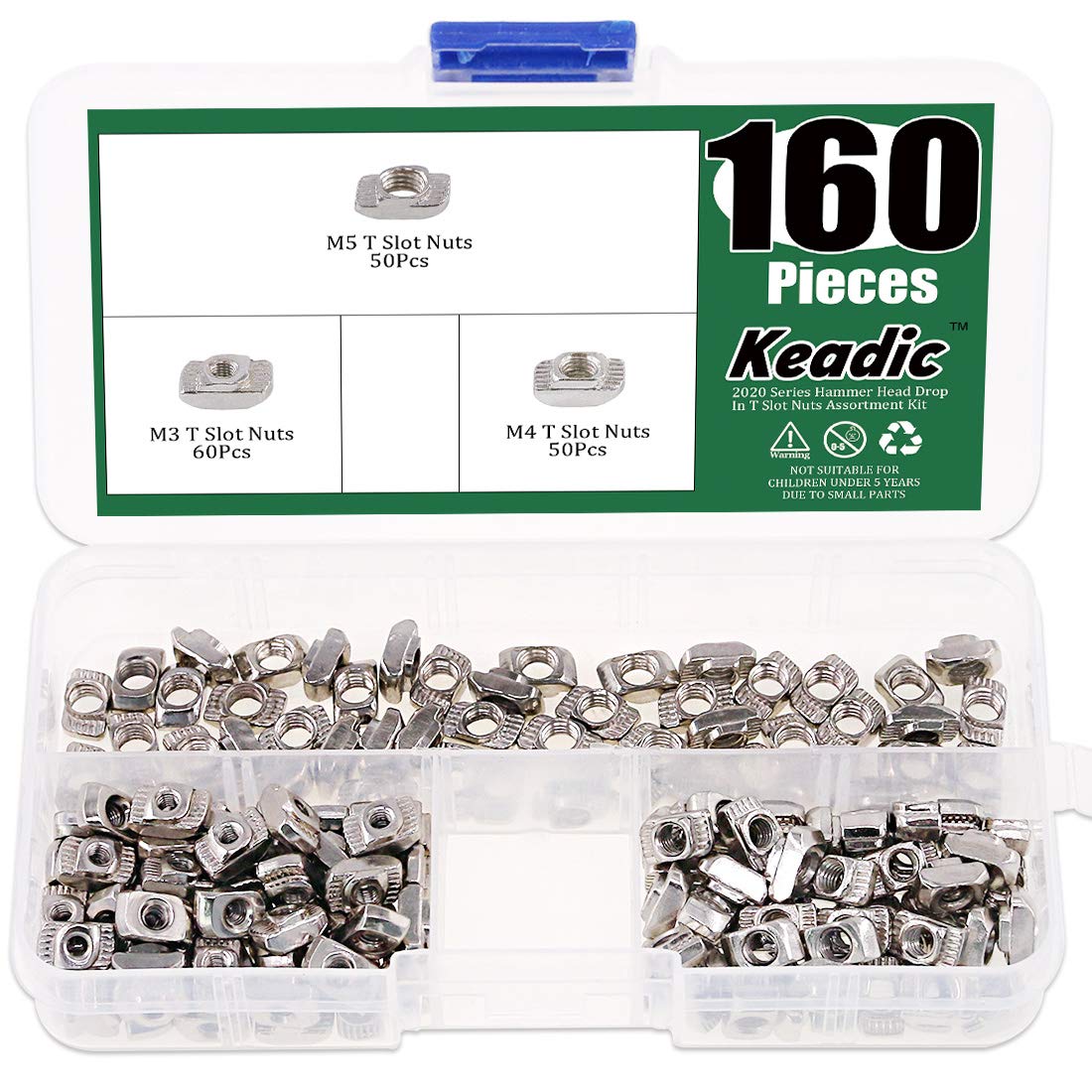 Keadic 160Pcs 2020 Series T Nuts, M3 M4 M5 Hammer Head Fastener Drop in T Slot Nut Assortment Kit with Organizing Box for Aluminum Profile - Carbon Steel Nickel Plated