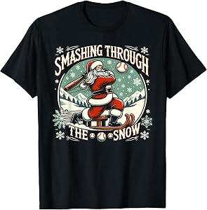 Baseball Player Christmas Santa, Smashing Through The Snow T-Shirt