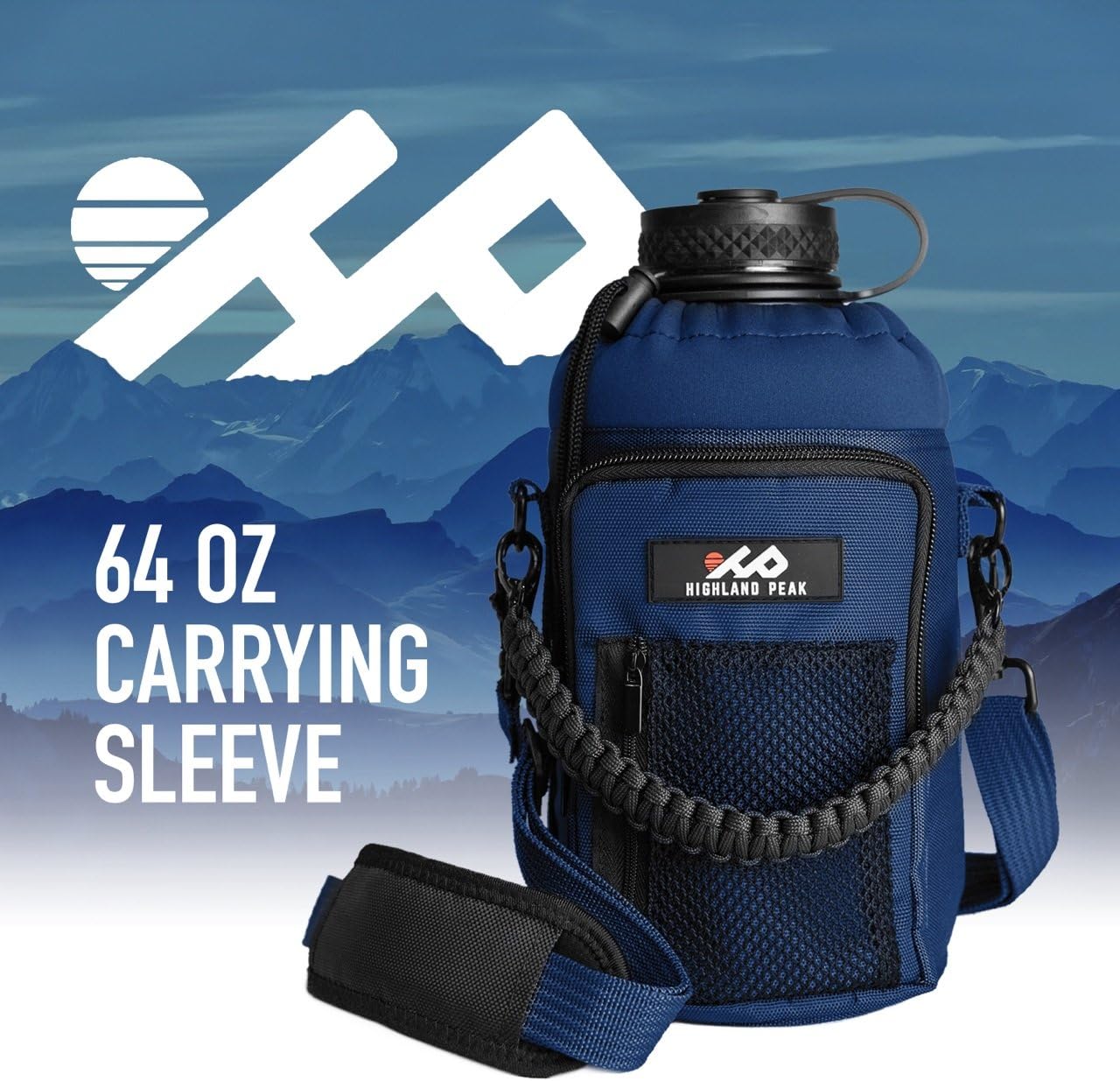 Highland Peak 64 oz Sleeve/Carrier with Paracord Survival Handle The Ultimate Bottle Holder - Attaches to Backpacks, Travel Gear - Fits HydroFlask, Yeti, Growlers, & Similar Thermos Bottles