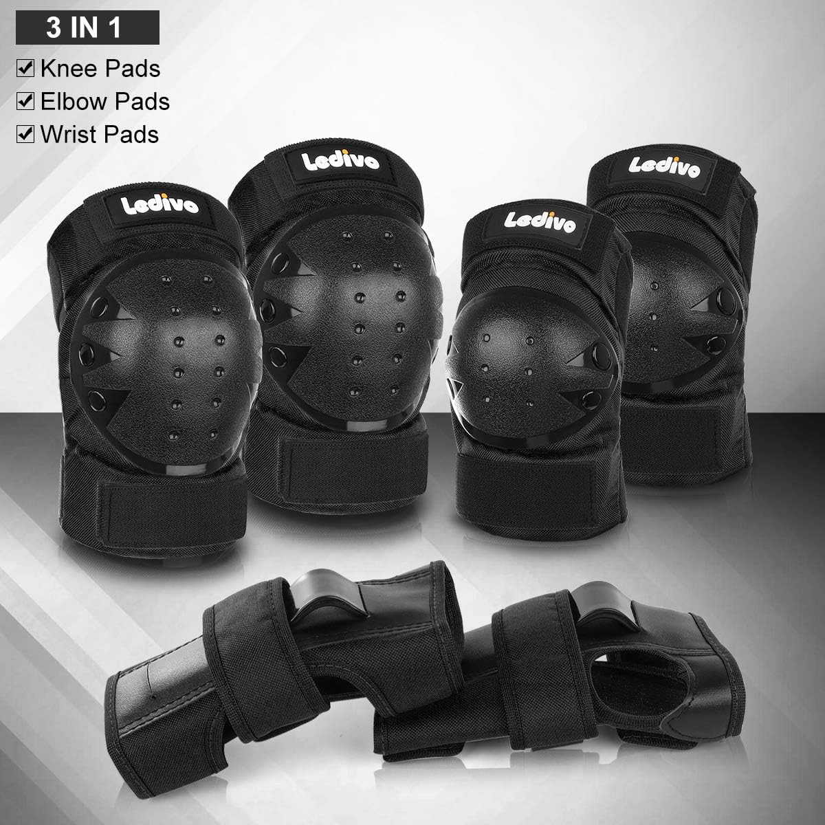 LEDIVO Adult/Child Knee Pads Elbow Pads Wrist Guards 3 in 1 Protective Gear Set for Multi Sports Skateboarding Inline Roller Skating Cycling Biking BMX Bicycle Scooter : Sports & Outdoors