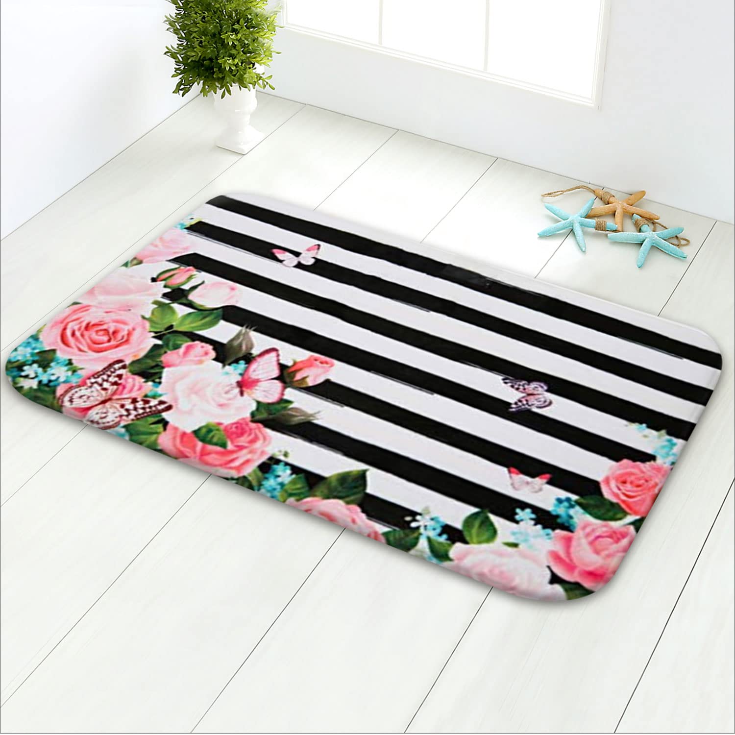 LIVILAN Floral Memory Foam Bath Mat Plush Bathroom Decor Rug Thick Shaggy Bathroom Floor Carpet Absorbent, Super Cozy Non Slip Machine Wash and Dry, 16" X 24" Pink Flowers with White and Black Stripes