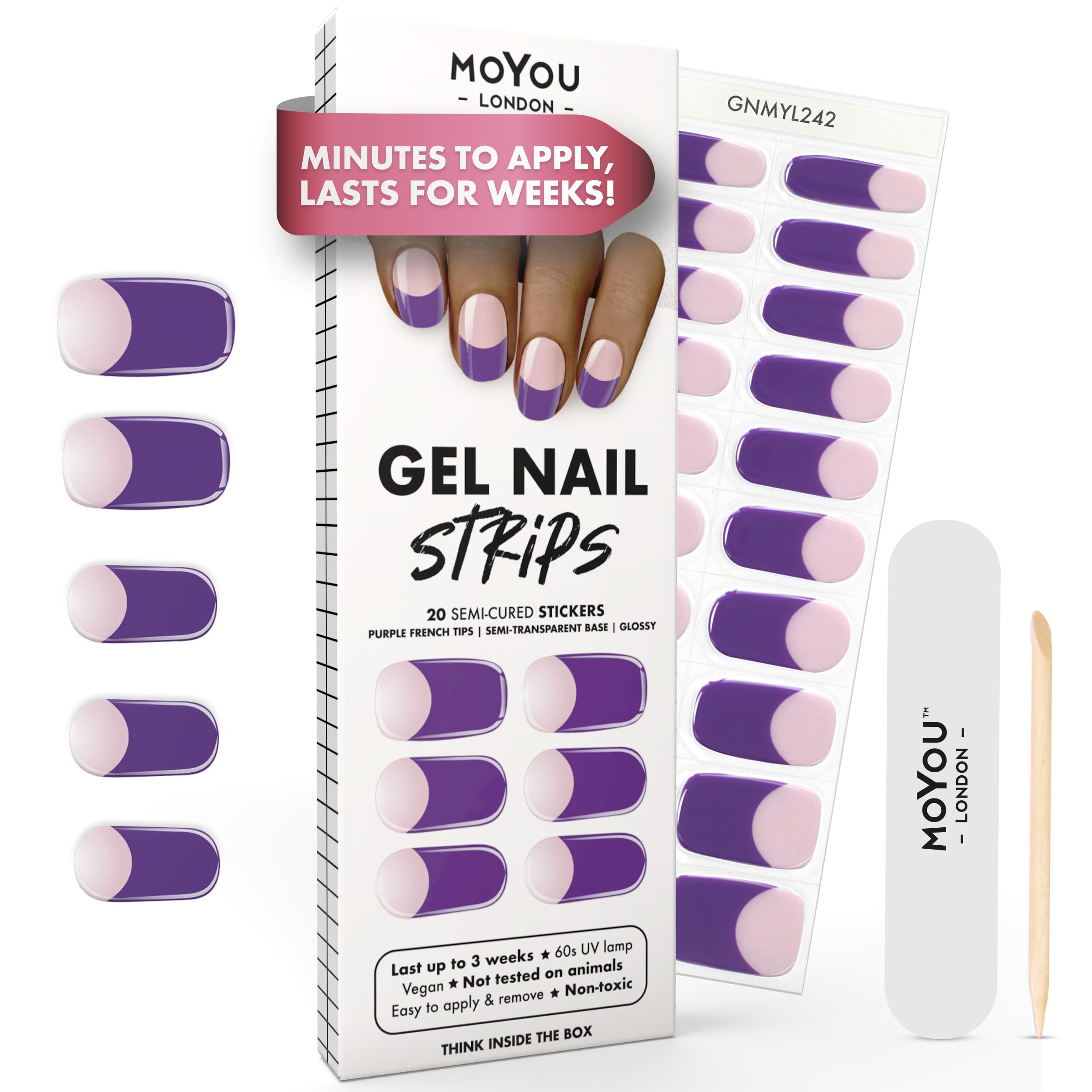 MOYOU LONDON Semi Cured Gel Nail Strips - 20 Pcs. Waterproof Gel Nail Wraps, Cures in Sunlight or UV/LED Lamp, Lasts Up to 2+ Weeks, Stretchable, Easy to Apply & Remove, Vegan & Cruelty-Free