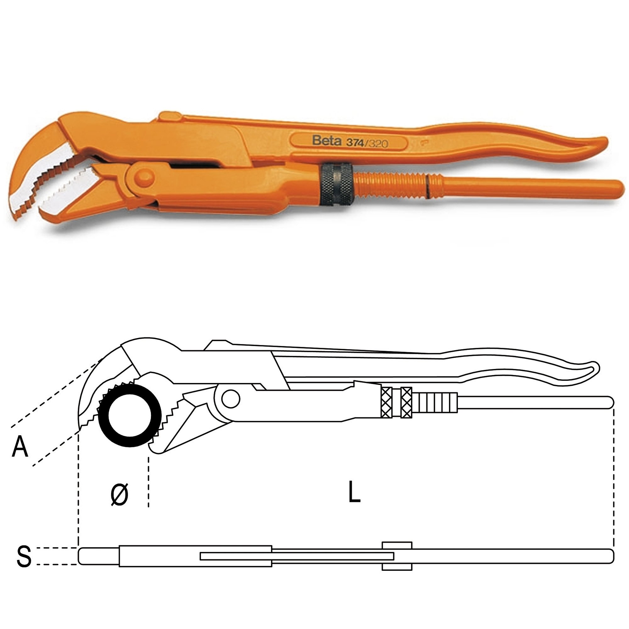 Beta 3740024 Model 374 240 Pipe Wrench, Swedish Pattern, 45° Slim Jaws, 240mm