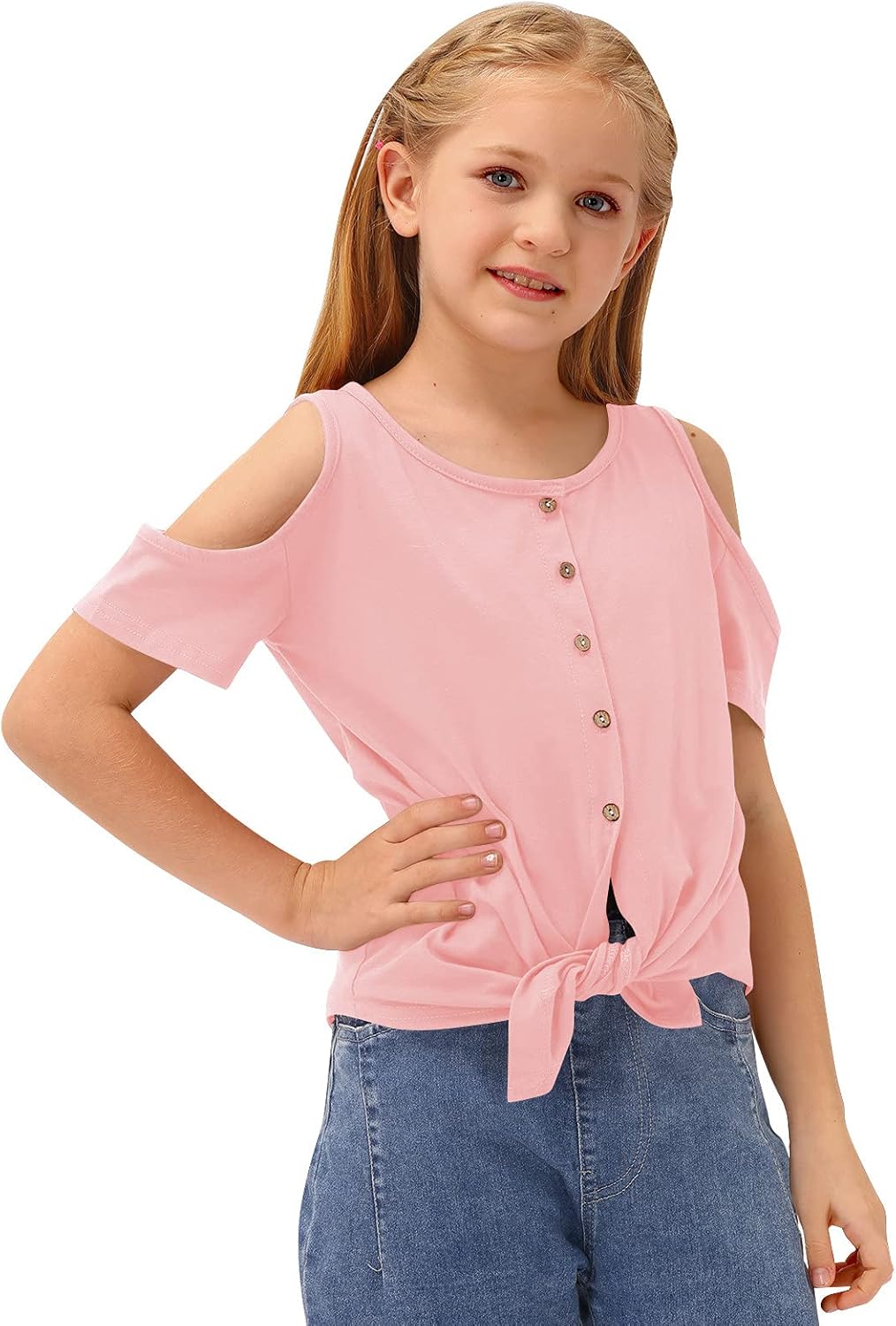 BesserBay Girl's Casual Solid Twist Knot Front Tunic Shirt Cold Shoulder Top 3-12 Years: Clothing