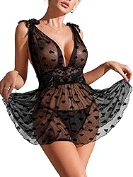 Lilosy Sexy Polka Dots Mesh Sheer Babydoll Chemise