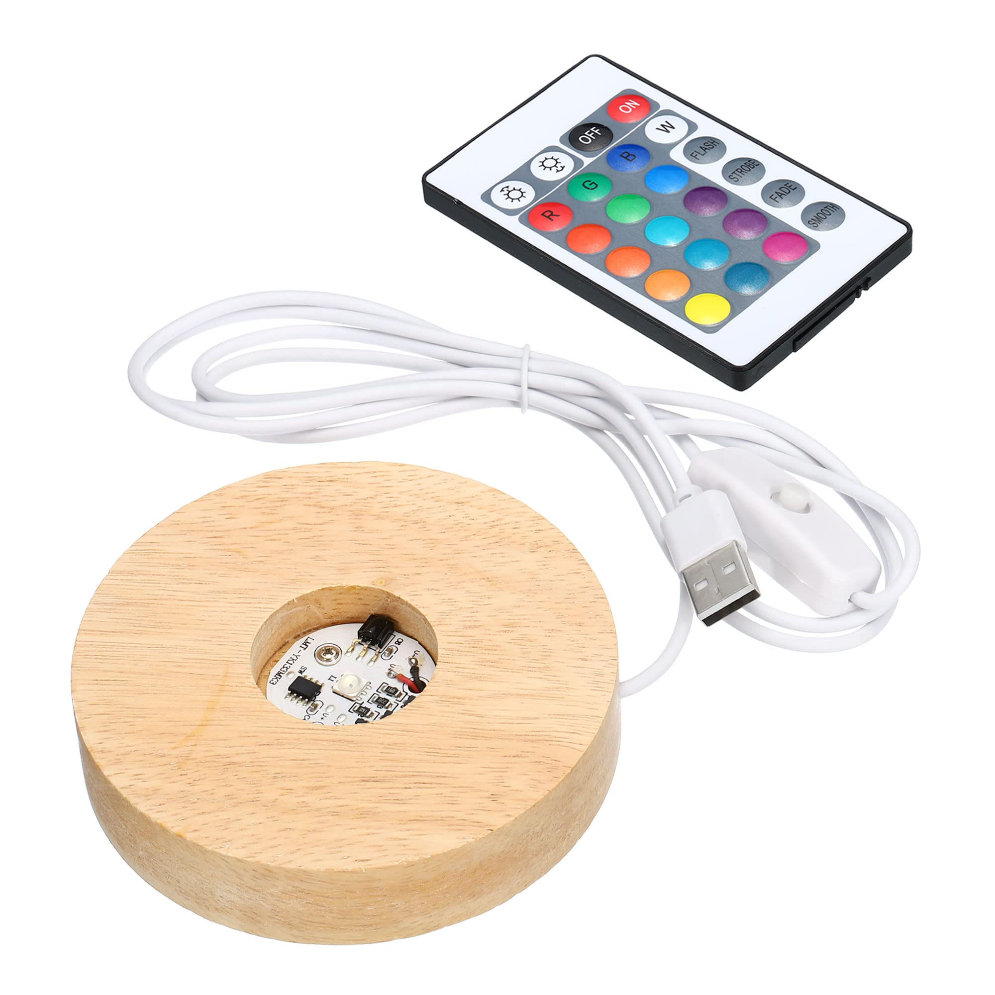 PATIKIL Wooden LED Light Base Stand, Round Wooden 3.94" Dia Multicolored Lights Display Pedestals with Remote Control for Crystal Glass Art Decorations, Wood