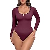 FeelinGirl Long Sleeve Shapewear Bodysuit for Women - Tummy Control Body Suits Seamless Thong Round Neck Body Shaper