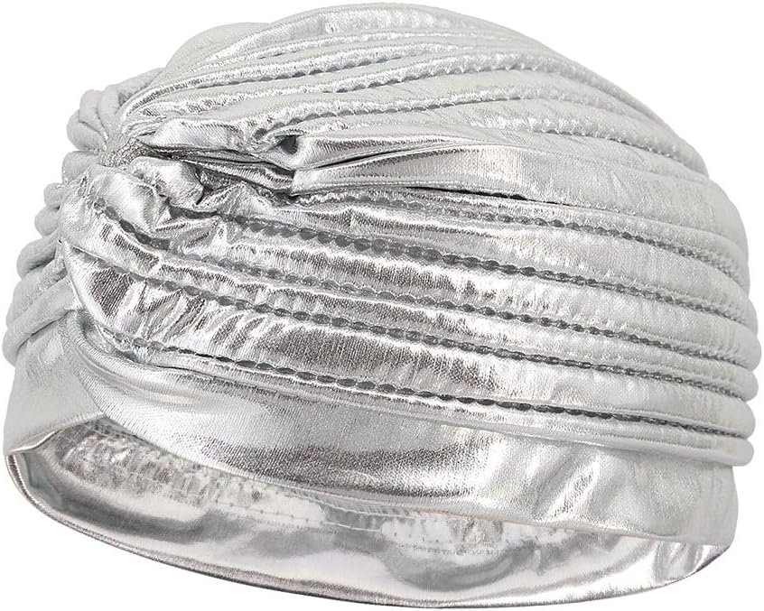 Unisex Metallic Arab India Pleated Turban Headwrap Swami Hat Costume Hat Chemo Cap(Silver)