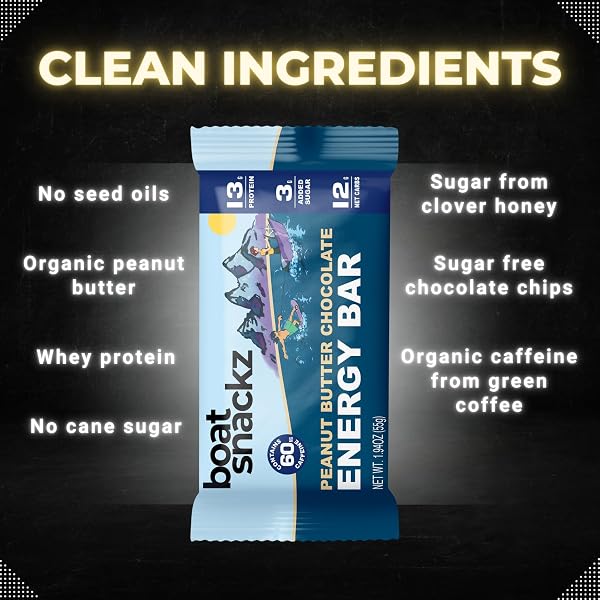 BOAT SNACKZ – PEANUT BUTTER CHOCOLATE, ENERGY BARS (12 PACK) 13G PROTEIN, 3G ADDED SUGAR, 12G NET CARBS, 60MG CAFFEINE, NO SEED OILS (55G BARS) MADE IN USA – SUPPORTS VETERAN CHARITIES