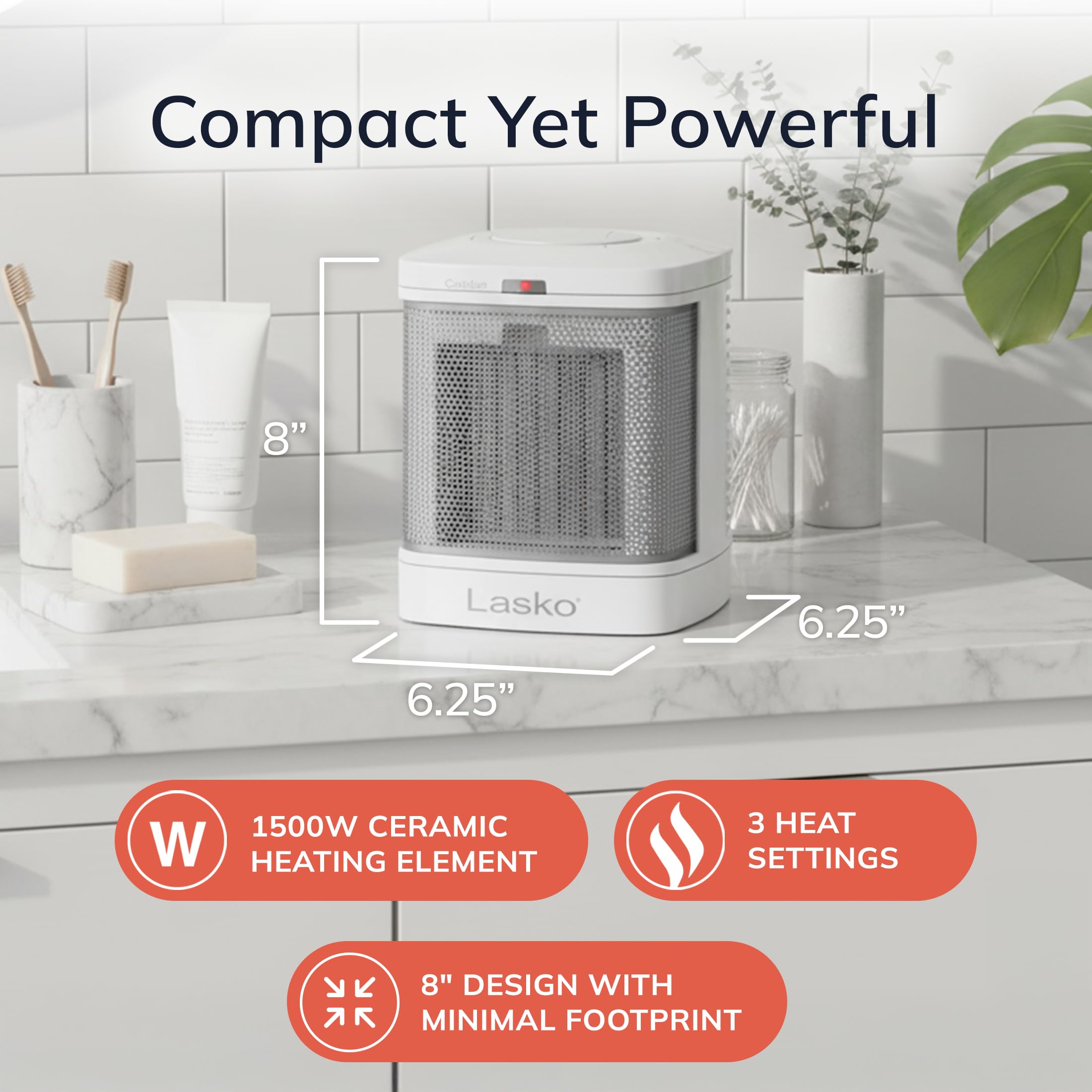 Lasko Portable Electric Ceramic Space Heater with ALCI Plug for Bathroom Use, 2 Heat Settings and Simple Heat Button, 8 Inches, White, 1500W, CD08200