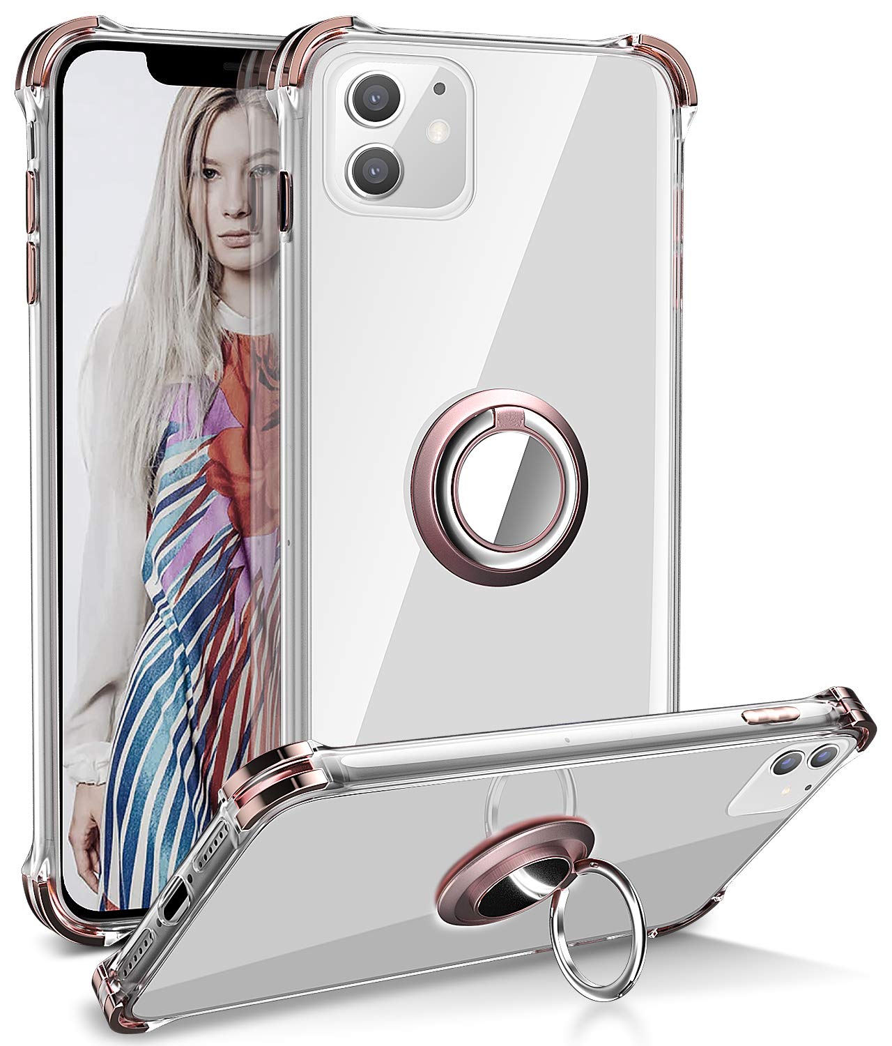 Iphone 11 Case Daupin Clear Iphone 11 Case With 360 Rotatable Ring Kickstand Soft Tpu Bumper Pc Hard Back Protective Phone Case For Iphone 11 6 1 Inch Rose Gold Buy Online In