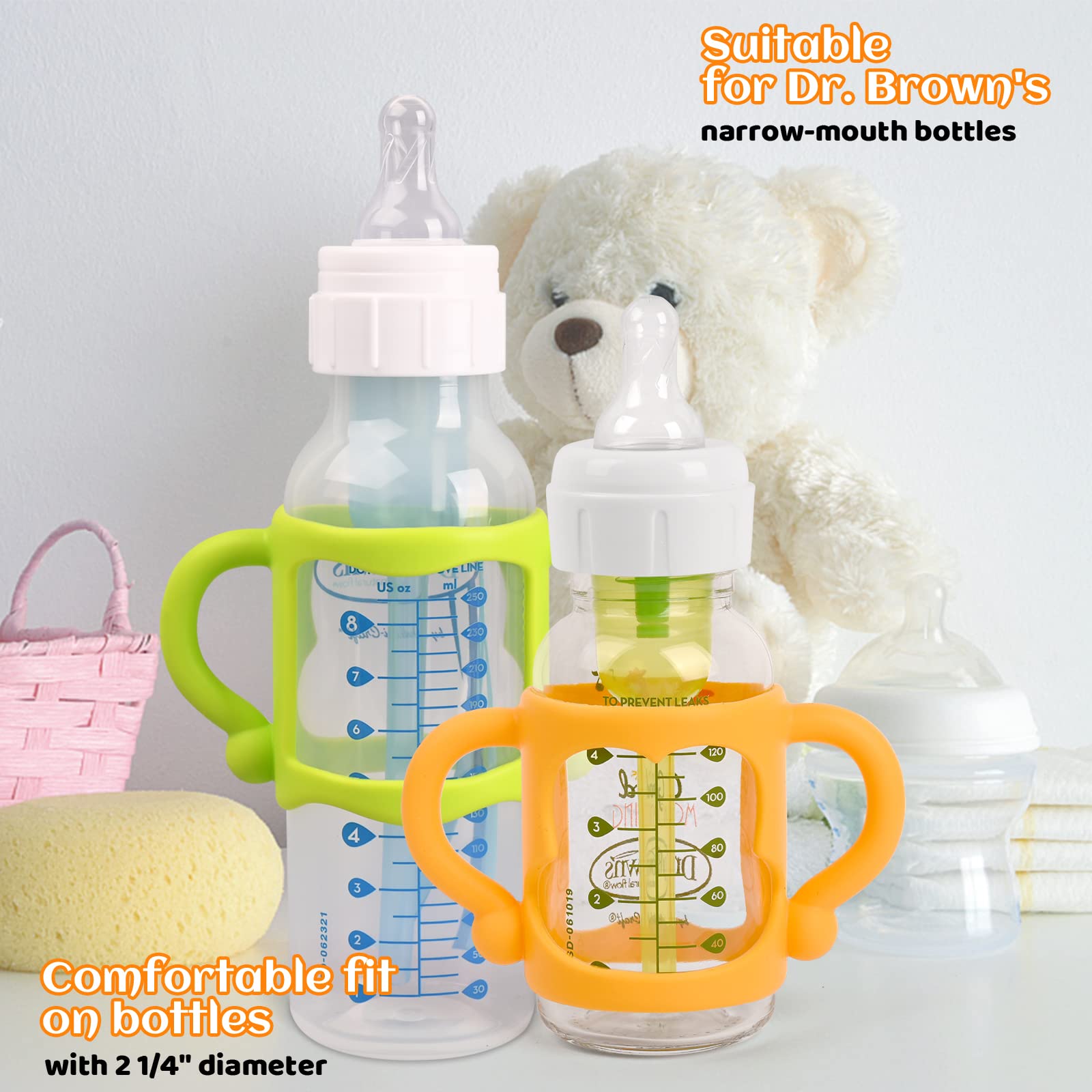 HUAKENER Silicone Baby Bottle Handles (4 Pack) - Easy Grip Holder for Dr. Brown Narrow Bottles - BPA Free
