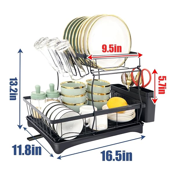 2-TIER DETACHABLE COUNTERTOP DISH DRYING RACK, PREMIUM CARBON STEEL, RUST RESISTANT LARGE CAPACITY DISH DRAINER WITH CUTLERY AND CUP HOLDER, BLACK