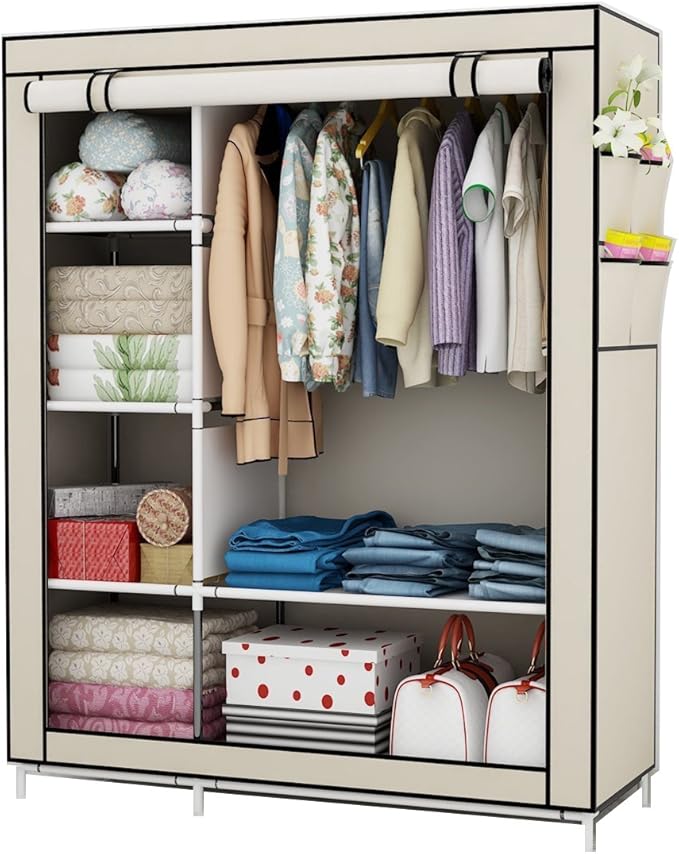 UDEAR Portable Canvas Wardrobes Clothes Storage Shelves Storage Wardrobe Beige105*45 * 170 CM
