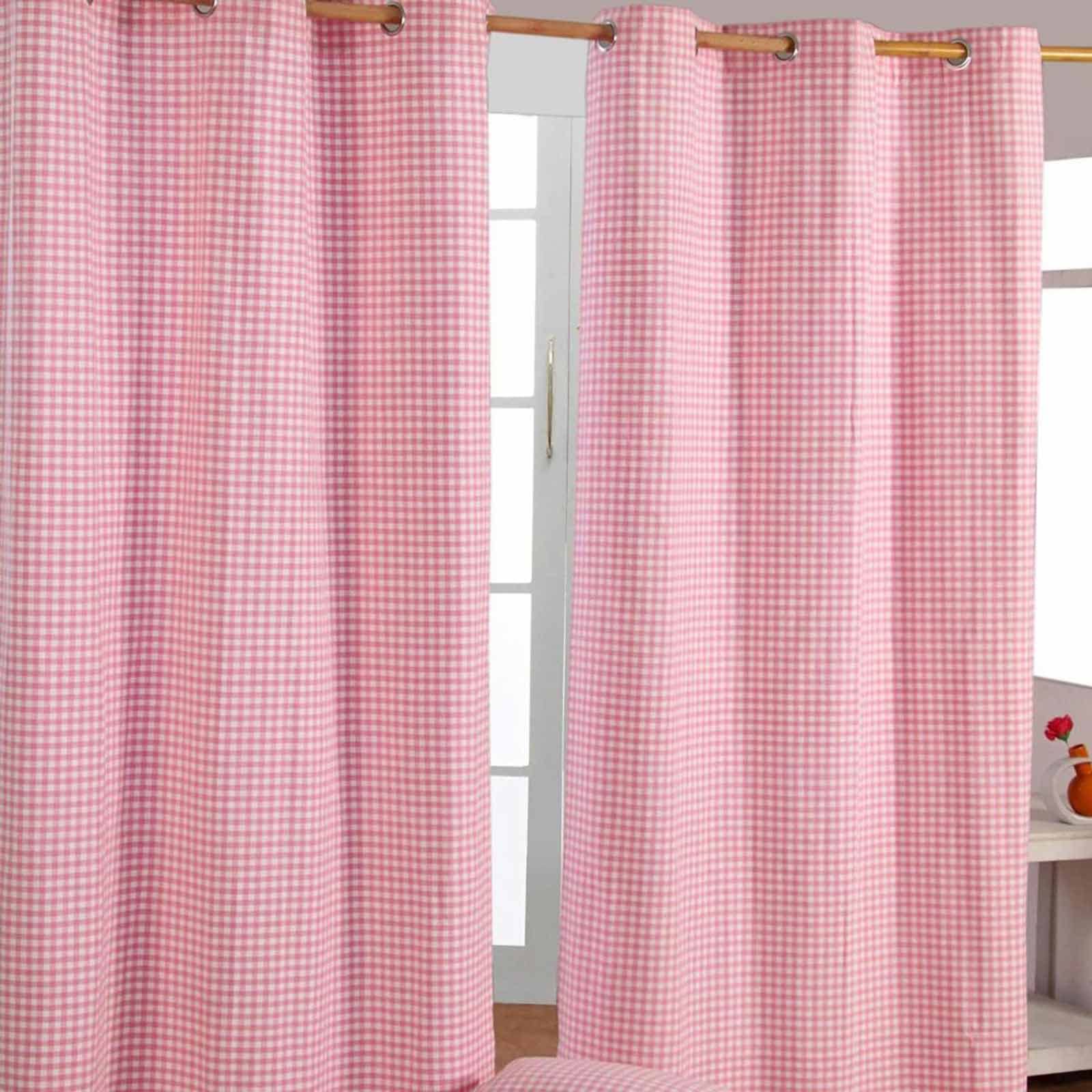 HOMESCAPES Pink Gingham Check Eyelet Curtain Pair 100% Cotton 137cm (54”) Wide x 182cm (72”) Drop