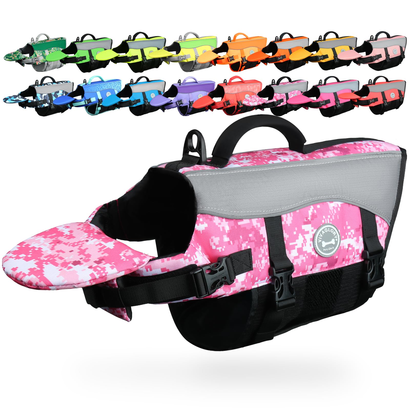 VIVAGLORY Front Float Dog Life Jacket, Dog Buoyancy Aid for Swimming & Boating, Life Vest with Chin Float & Handle, Ripstop & Buoyancy for Doggy, XS, Camo Pink