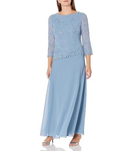 J Kara Womens Petite Scoop Neck Line with 3/4 Sleeve Beaded Top Long Dress, Coral/Multi, 8P at Amazon Women's Clothing store