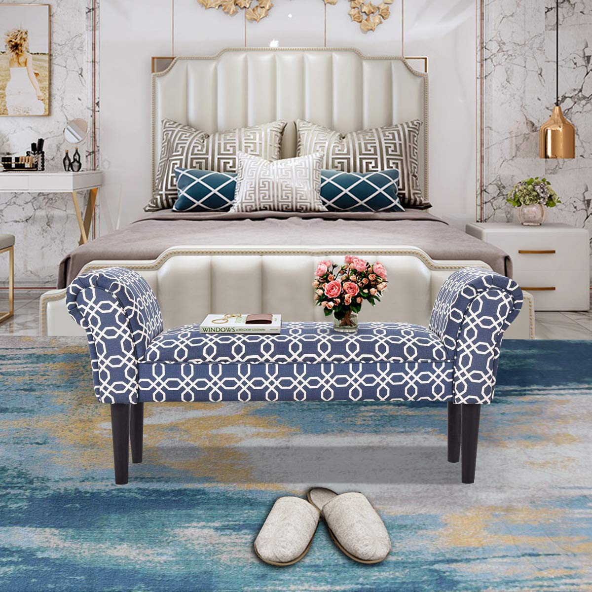 COSTWAY Taburete Pie De Cama Dormitorio Banqueta Con Brazos Banco