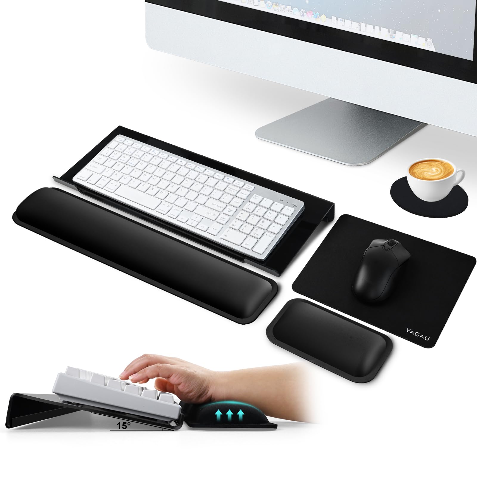 Photo 1 of VAGAU Ergonomic Computer Keyboard Stand with Wrist Rest, Acrylic Keyboard Riser for Desk+Keyboard Wrist Pad+Mouse Pad with Wrist Rest+Coaster, Comfortable Typing Wrist Pain & Carpal Tunnel Relief