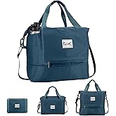 Foldable Travel Duffle Bag with Multiple Pockets, 40L Expandable Weekender Bag for Women, Overnight Carry On Gym Tote with Water Bottle Holder (Peacock Blue)