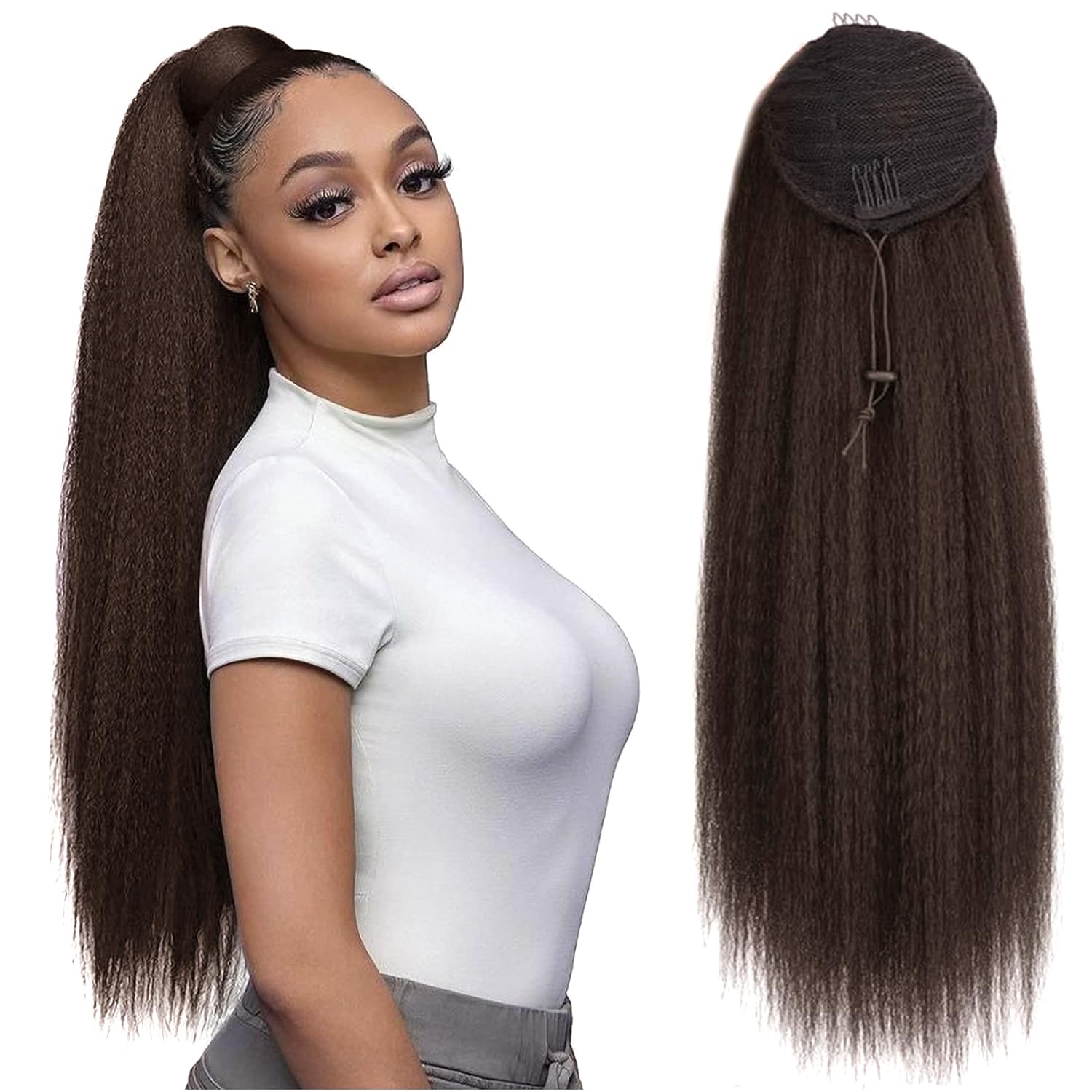 PORSMEER Long Straight Drawstring Ponytail Clip In Extensions for Women Kinky Yaki Straight Pony Tail Extensions Hair Extensions Ponytail (Dark brown),30 inch