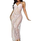 Hilinker Women's Sheer Lace Lingerie Dress Sexy Long See Through Mesh Chemise Nightgown with Thong