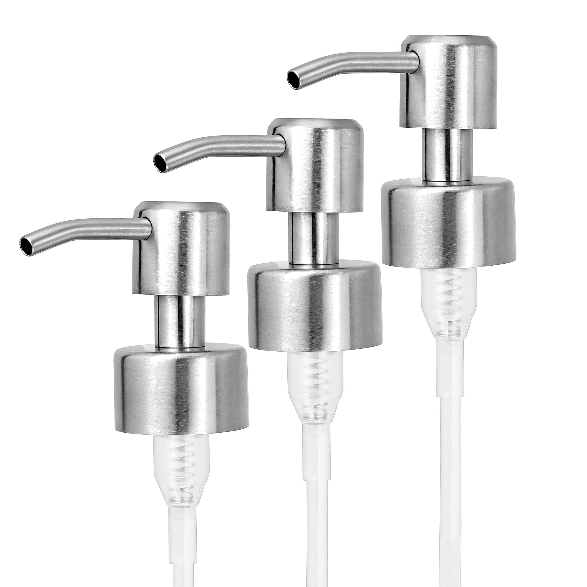 JTOOYS Pump Dispenser, 3Pcs Stainless Steel Liquid Soap Dispenser Replacement with thread for Standard 28/400 Neck Size 26 -28 mm Nozzle & Tube Kitchen Bathroom Worktop Bottles Jar (Silver brushed)