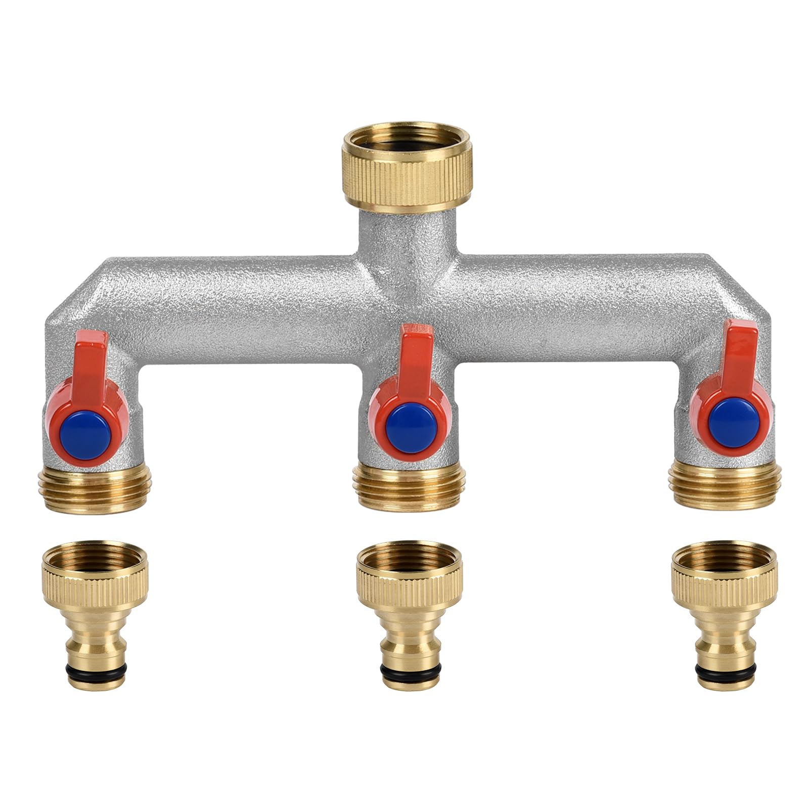 3/4 Inch 3 Way Brass Tap Splitter, Hose Tap Splitter Connection with 3 Individual Valves On/Off and Three Quick Connector for Garden Kitchen Faucet Watering System