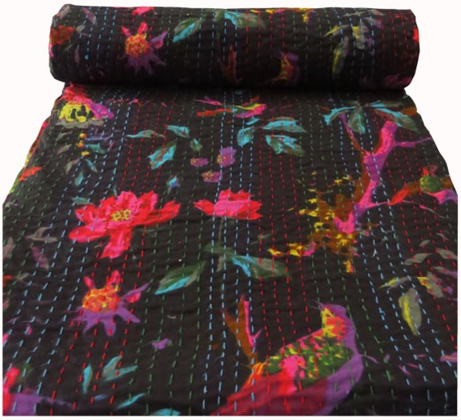 Handicraftshop Cotton Indian Kantha Quilted Bedspreads 90x108 IN Black