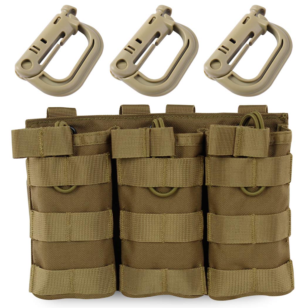 AOUTACC Tactical Magazine Pouch Holder MOLLE Triple Open-Top Mag Pouch with D-Ring Grimlock Locking for M4 M16 AR-15 Magazines (Tan)