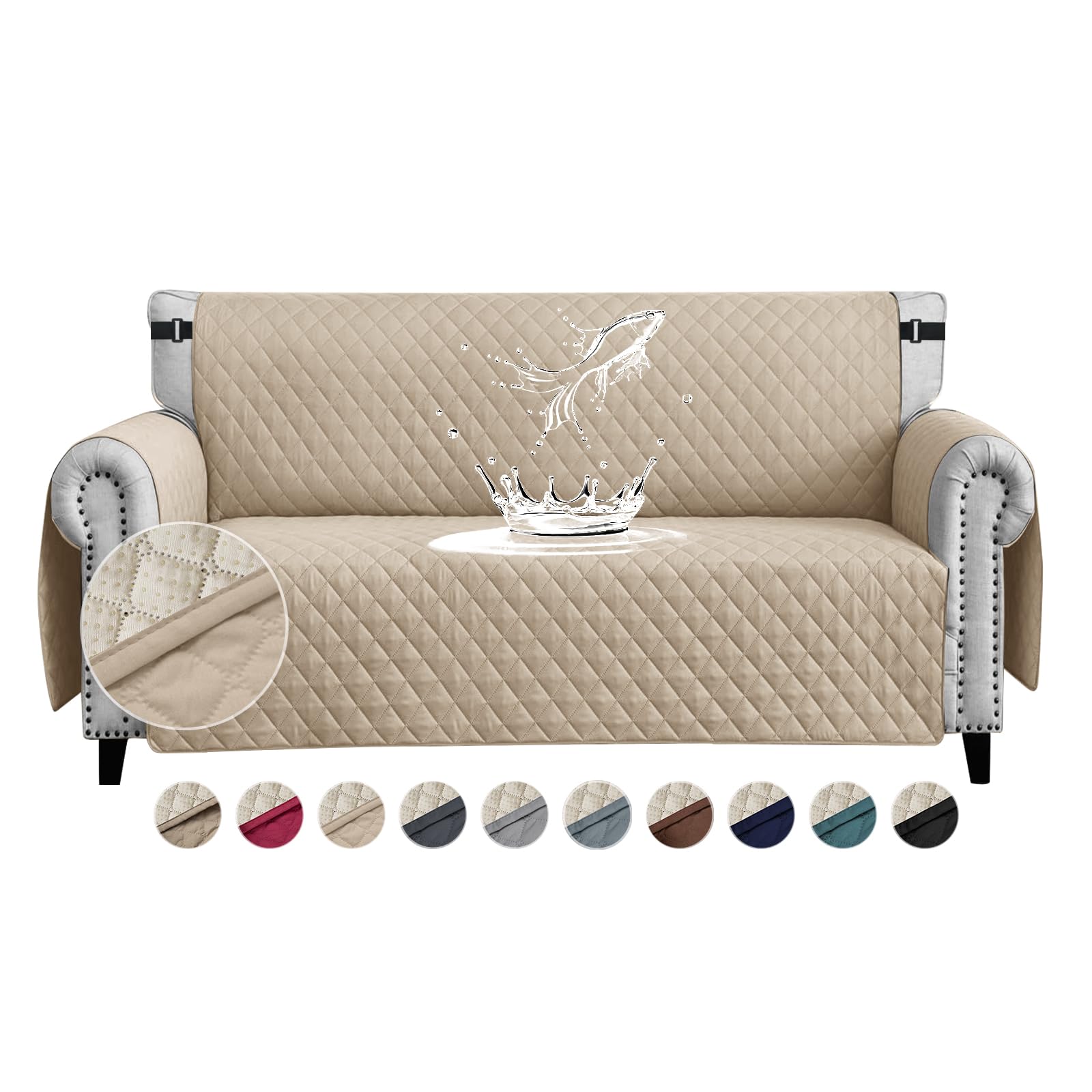 FIGOOO Sofa Covers Water Resistant Sofa Slipcovers 2 Seater Waterproof Anti-Slip Anti-Scratch Sofa Cover with Non Slip Elastic Straps for Dogs Cats Pets,Beige