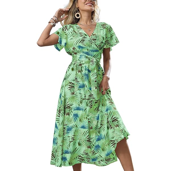 Milumia Women's Boho Allover Print Wrap V Neck Smocked Split Short Sleeve  Long Dress Multi Green Medium at Amazon Women's Clothing store