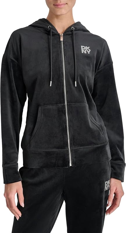 Casaco com capuz com fecho completo com logótipo Rhinestone, preto, M para mulheres