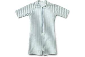 glcsisi Girls One Piece Swimsuit Zipper Long Sleeve Rash Guard Green Striped Sunsuit Seersucker Bathing Suit with Ruffle Butt