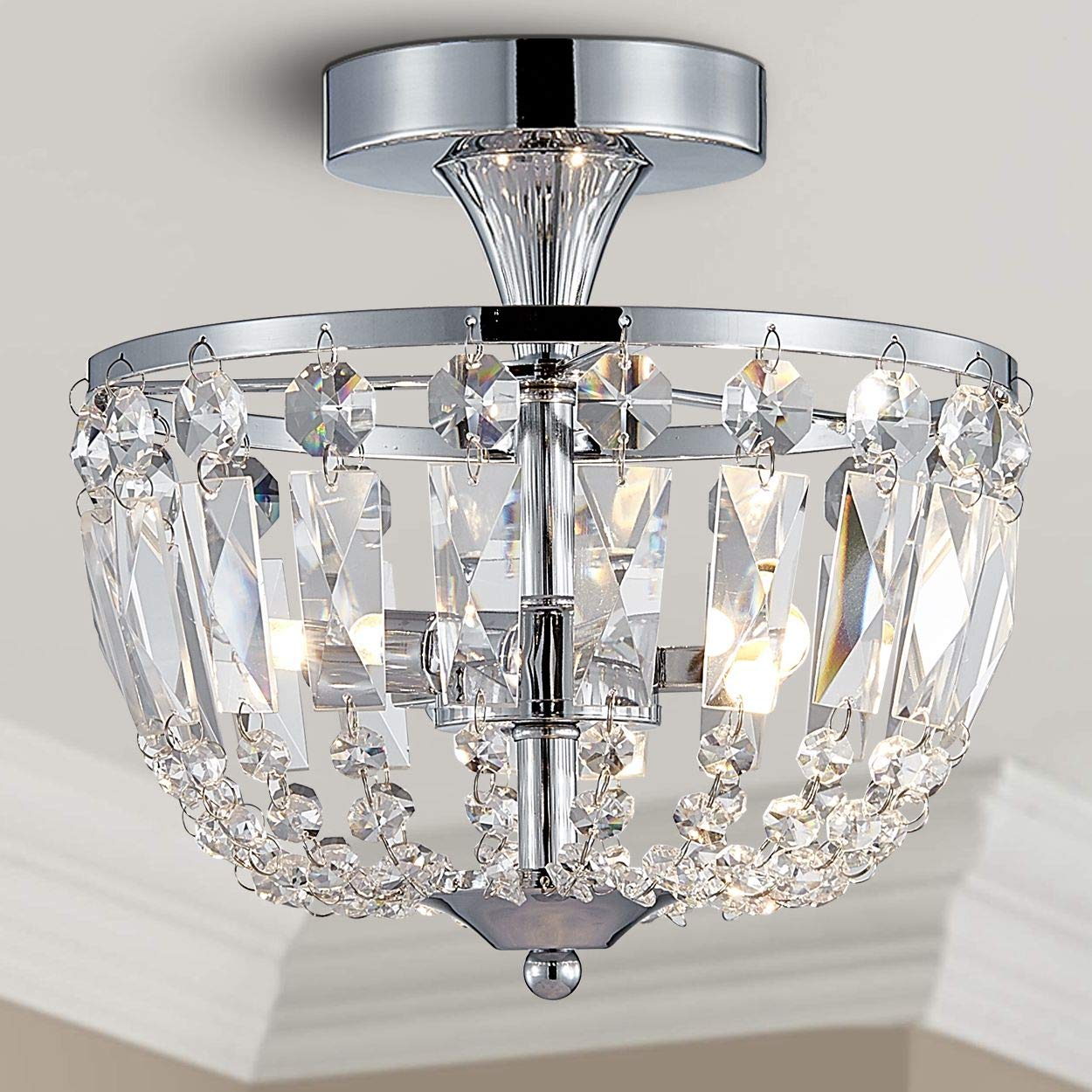 BESTIER Modern Chrome Crystal Semi Flushmount Chandelier Lighting LED Ceiling Light Fixture Lamp for Dining Room Bathroom Bedroom Livingroom 3 G9 Bulbs