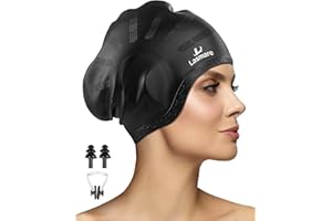 LASMARE Long Hair Swim Cap for Women Men with 3D Ear Protection, Silicone Swimming Cap for Long/Short Hair to Keep Hair Dry, Waterproof Adult Swim Hats Bathing Caps with Ear Plugs & Nose Clip