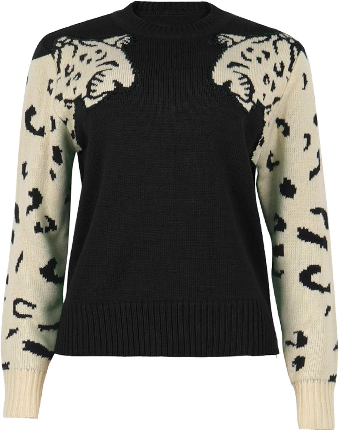 Angashion Women's Sweaters Casual Leopard Printed Patchwork Long Sleeves Knitted Pullover Cropped Sweater Tops: Clothing