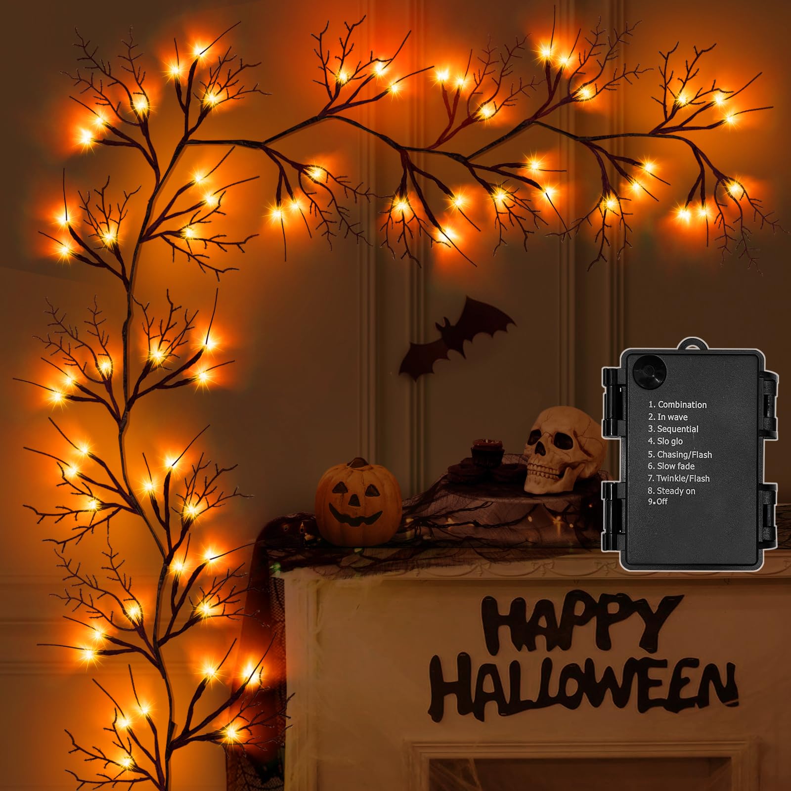 Photo 1 of SURCVIO 9 Ft 54 LED Halloween Willow Vine Twig Decor Garland with 8 Modes Timer Waterproof Battery Operated Scary Halloween Decorations for Home Wall Mantle Fireplace Decor
