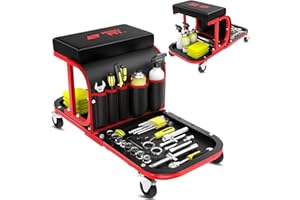 FREEKYFIT Rolling Shop Stool Chair with Wheels, Mechanic Garage Stool on Wheels, Auto Car Detailing Stools Seat with Tool Tray Storage for Garage Work, Workshop, Home, Garden, DIY, 300 LBS Capacity,Red